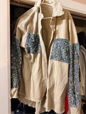 Beige Button-Up Jacket with Sequin Patchwork